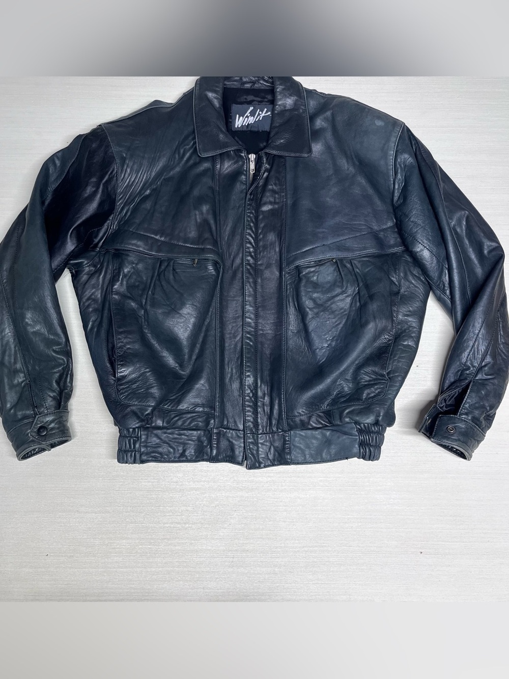 Winlit Vintage 80’s 90’s Black Leather Bomber Button Up Jacket med